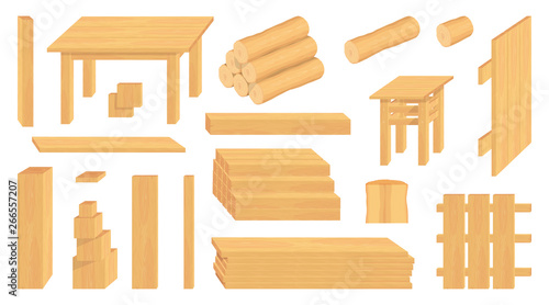 Set of wood logs, trunks and planks. Different wooden crafts. Forestry. Wooden crafts to sell. Wooden fence. Vector graphics to design