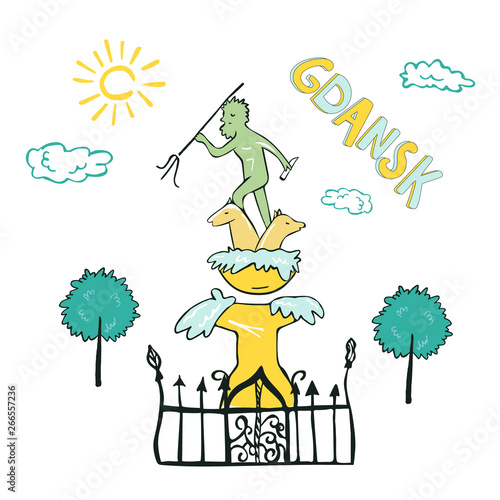 Illustrated card with Fountain Neptune in Gdansk