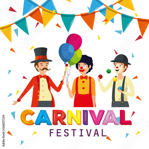 magician with clown and mime to carnival celebration with party banner