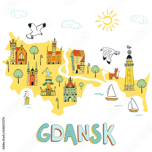 Hand drawn illustrated map of Gdansk.