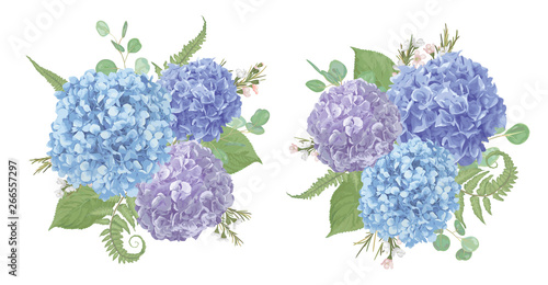 Set of wedding bouquets.Leaves, blooming branches eucalyptus, gaultheria, salal, chamaelaucium, fern.Blue, purple, flower of hydrangea.All elements are isolated and editable.Floral pastel style