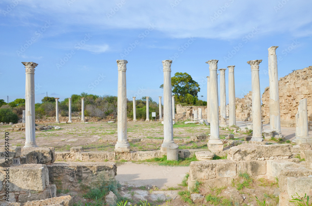 Beautiful view of well preserved ruins of Antique city Salamis located near Famagusta, Turkish Northern Cyprus. Salamis was an ancient Greek city-state. The Corinthian columns were part of Gymnasium
