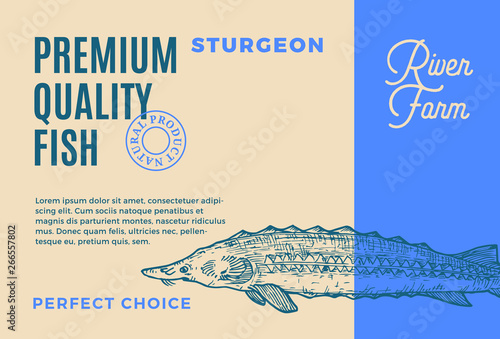 Premium Quality Sturgeon. Abstract Vector Fish Packaging Design or Label. Modern Typography and Hand Drawn Beluga Silhouette Background Layout