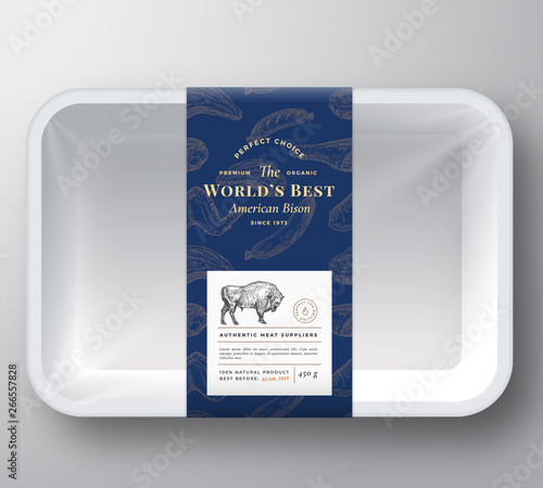 Worlds Best Bison Abstract Vector Plastic Tray Container Cover. Premium Meat Packaging Design Label Layout. Hand Drawn Buffalo Bull, Steak, Sausage, Wings and Legs Sketch Pattern Background.