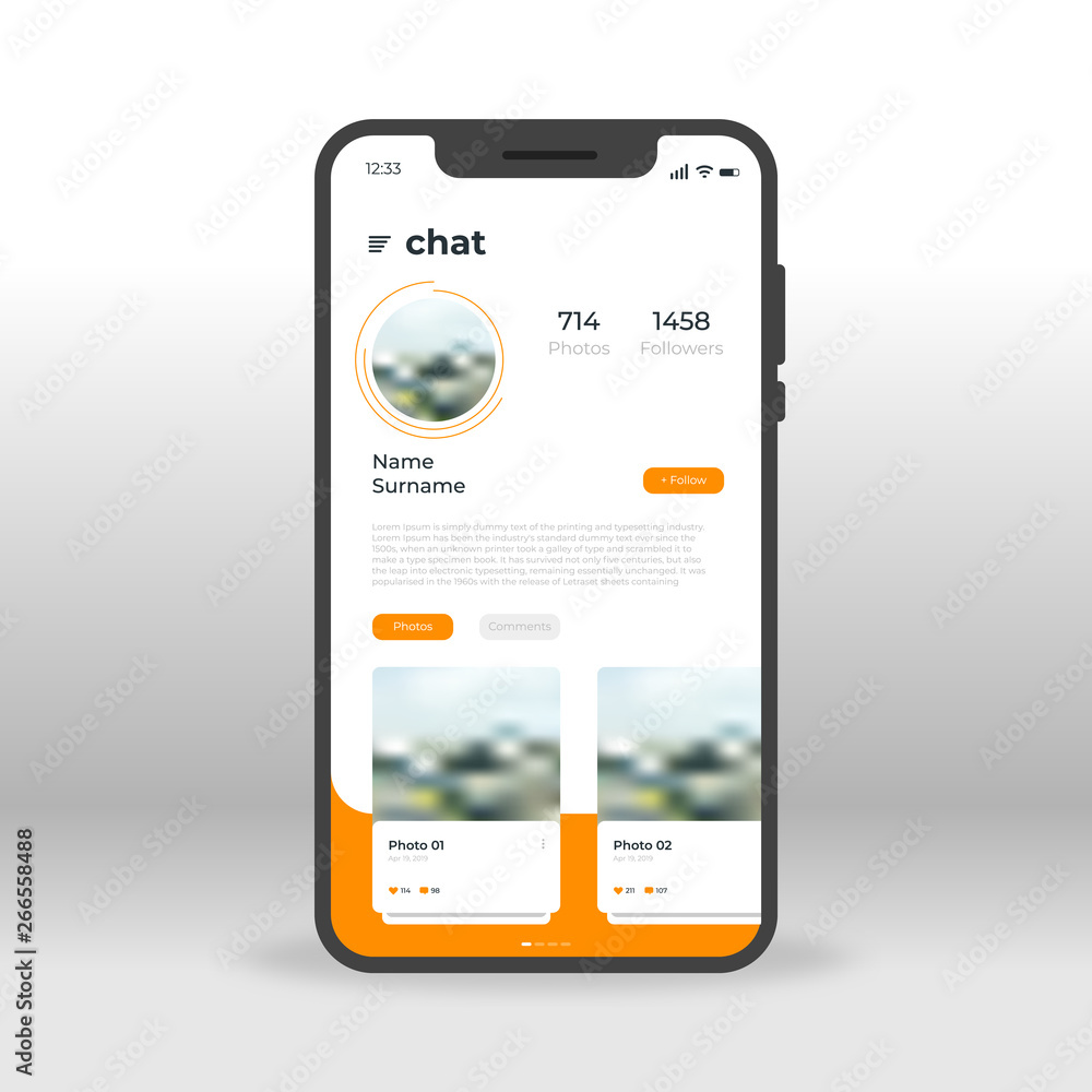 Orange chat UI, UX, GUI screen for mobile apps design. Modern responsive user interface design of mobile applications including Live Chat screen. Profile page, photos, followers Orange chat UI, UX, GUI screen for mobile apps design. Modern responsive user interface design of mobile applications including Live Chat screen. Profile page, photos, followers