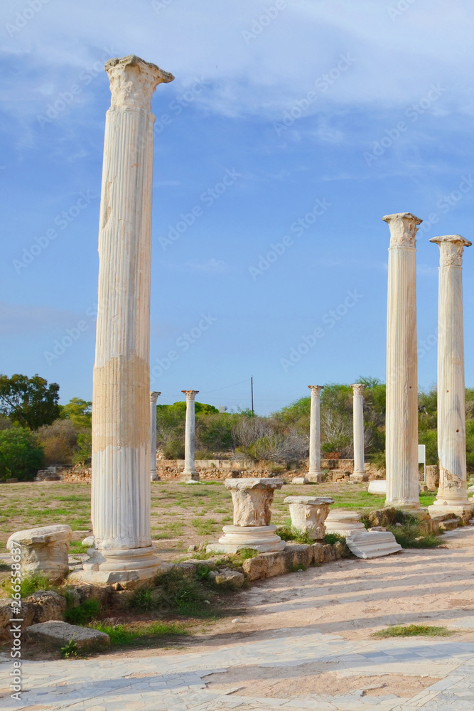 Beautiful ruins of Corinthian columns taken with blue sky above. The pillars are part of ancient Salamis complex located in todays Northern Cyprus. The ruins of the antique city are popular place
