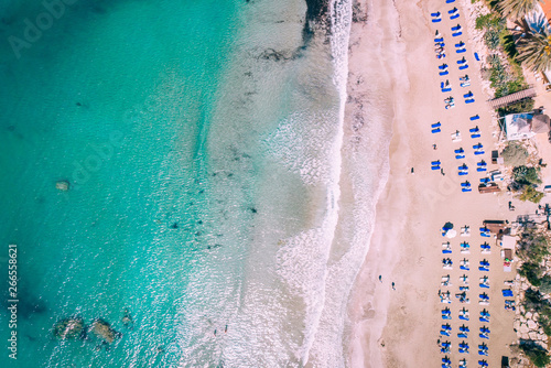 Aerial beautiful beach with crystal clear water, Coral Bay, Cyprus