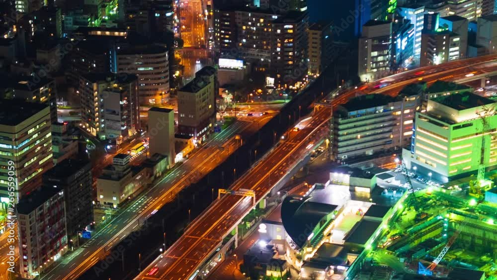time lapse of traffic and city night view at Yokohama, Japan