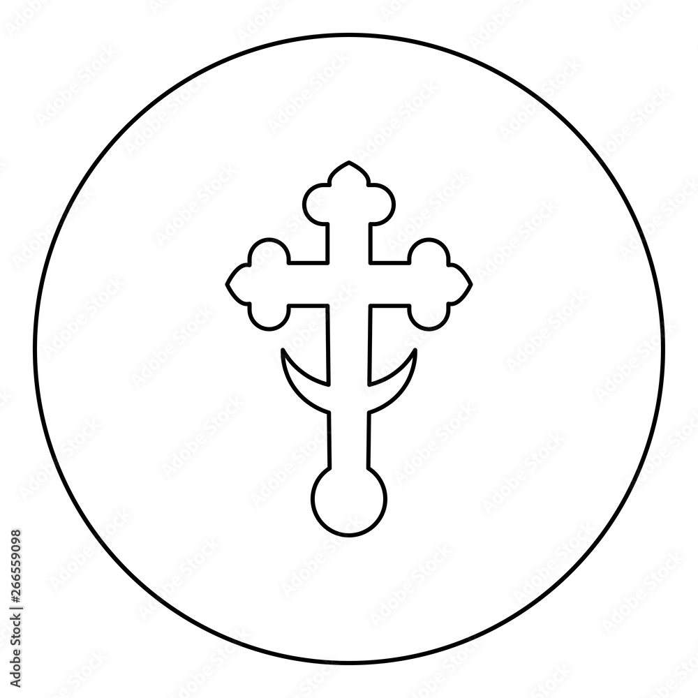 Obraz premium Cross trefoil shamrock on church cupola domical with half-moon Cross monogram Religious cross icon in circle round outline black color vector illustration flat style image