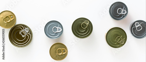 banner of cans on a white background. view from above. copy space