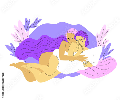Beautiful hand drawn flat style couple of girls  with long hair is lying holding big pillow, naked legs, playful pose. Isolated on white background. Stock vector illustration..