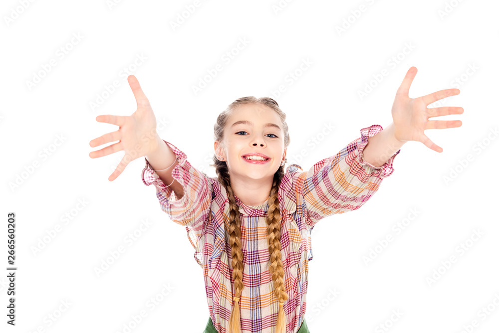 adorable kid with outstretched hands looking at camera Isolated On White adorable kid with outstretched hands looking at camera Isolated On White
