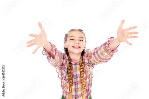 adorable kid with outstretched hands looking at camera Isolated On White