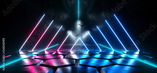 Sci Fi Neon Laser Futuristic Sci Fi Hexagon Floor Reflective Dark Hall Studio Room Stage Glowing Purple Pink Blue Show Retro Alien Spaceship Virtual 3D Rendering