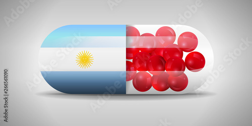 Illustration of the national pharmaceuticals of Argentina. Drug production in Argentina. National flag of Argentina on capsule