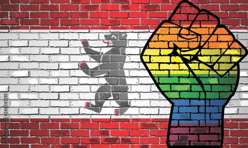 Shiny LGBT Protest Fist on a Berlin brick Wall Flag - Illustration,  Brick Wall Berlin and Gay flags
