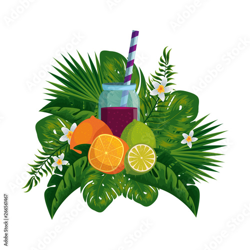 juice fruits in pot with straw and tropical floral decoration