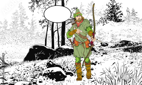 Robin Hood in a hat with feather. Defender of weak. Medieval legends. Heroes of medieval legends. Halftone background.