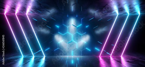 Fototapeta Naklejka Na Ścianę i Meble -  Triangle Sci Fi Neon Glowing Alien Spaceship Dark Reflective Glossy Vibrant Purple Blue Pink Room Hall Corridor Stage Tunnel Gallery Shine Futuristic Virtual 3D Rendering