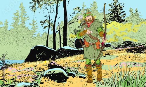 Robin Hood in a hat with feather. Defender of weak. Medieval legends. Heroes of medieval legends. Halftone background.