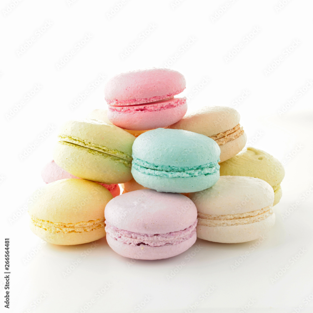 French macaroons pastel tones on white background French macaroons pastel tones on white background