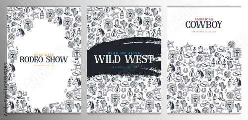 Set of Wild West and Cowboy banners. Rodeo Show. Hand draw doodle background. Vector Illustration.