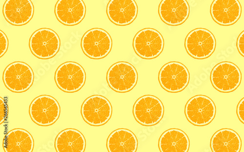 fruit pattern of fresh orange halves on yellow background. from top view. vector