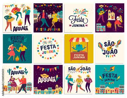 Brazilian Traditional Celebration Festa Junina. Portuguese Brazilian Text saying Friend s Village. Festa de Sao Joao. Arraia Portuguese Brazilian Text saying Fair. Vector Art.