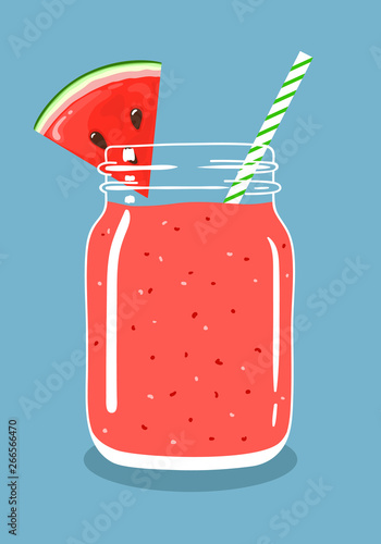 Watermelon juice smoothie in mason jar with slice of fresh watermelon and swirled straw isolated on background. Fresh natural healthy fruit and berry drink. Vector hand drawn illustration eps10.