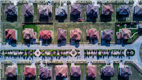 Top down aerial view of the houses, lined up in a pattern
