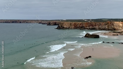 The cliffs and coastline of Sagres Portugal with surfing