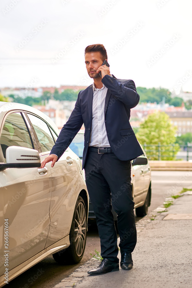 Young businessman walking to his car and talking on a phone