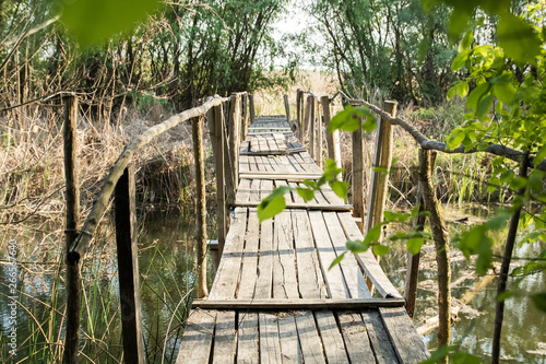 Fototapeta Naklejka Na Ścianę i Meble -  old dilapidated wooden plank bridge across river