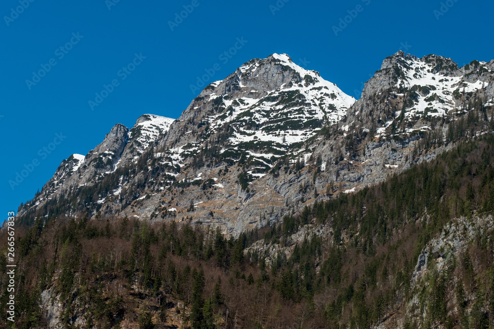 Snowy mountain peaks and trees in Konigssee, Germany
