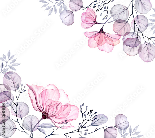 Watercolor Transparent floral arrangement of roses buds leaves branches in pa...
