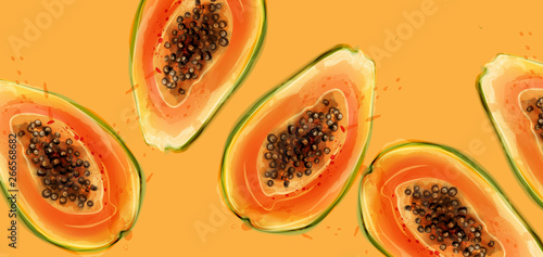 Papaya fruits Vector watercolor. Summer fresh juicy banners