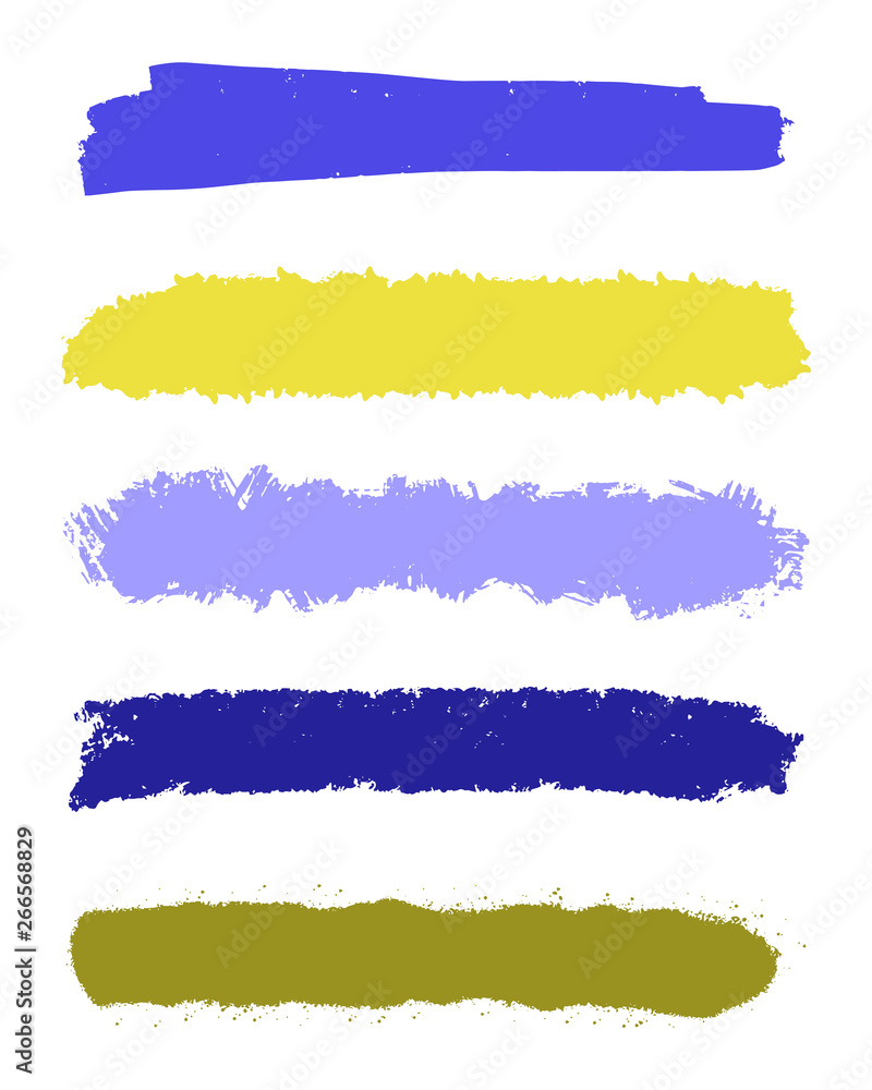Brush stroke set. Vector grunge modern textured spots. Colorful blue, yellow, green dry brush isolated on white background. Hand drawn template. Perfect elements for your design Brush stroke set. Vector grunge modern textured spots. Colorful blue, yellow, green dry brush isolated on white background. Hand drawn template. Perfect elements for your design