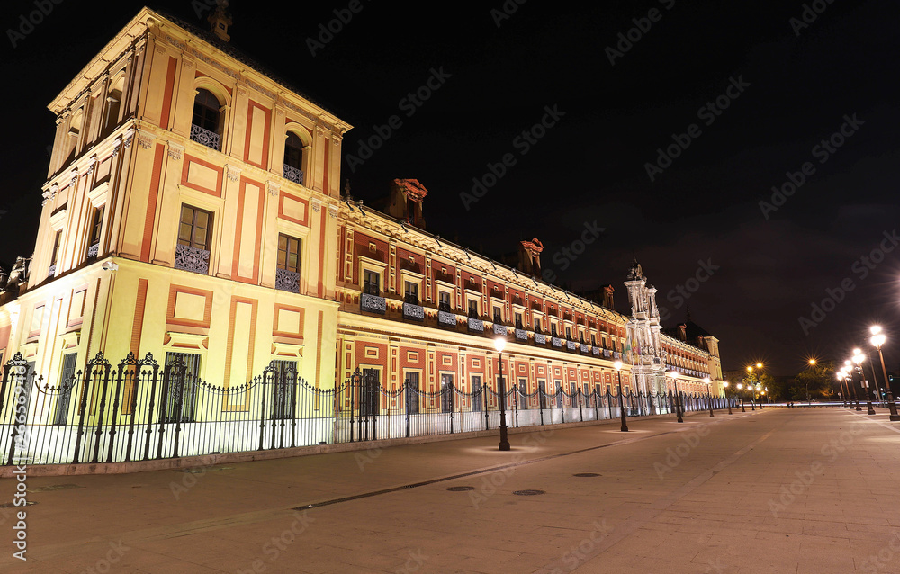 Baroque facade of the Palace of San Telmo in Seville at night, Spain.