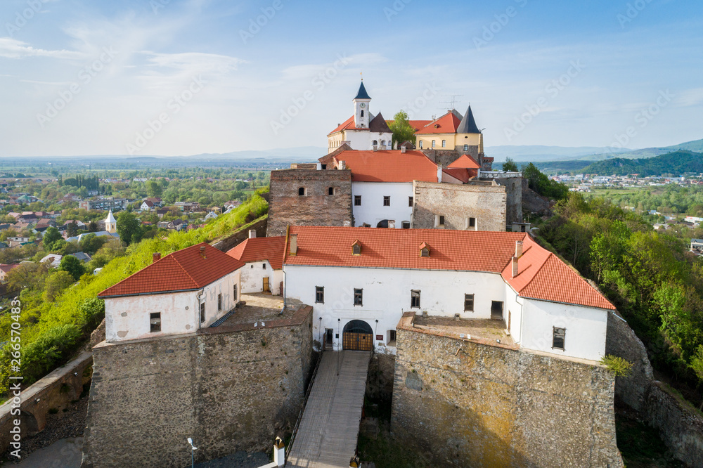 Beautiful aerial view of Palanok Castle in Mukachevo , Ukraine