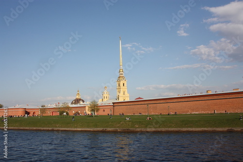 view of the Peter and Paul fortress and tourists at the weekend   