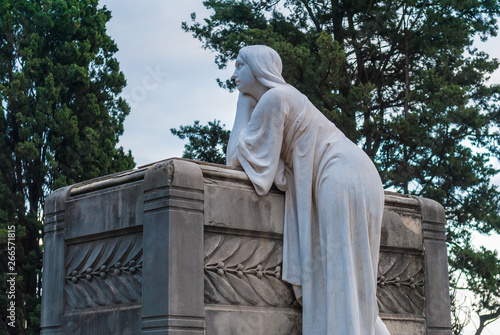 Photography The grave with the sculpture of woman closeup on the background of trees on the