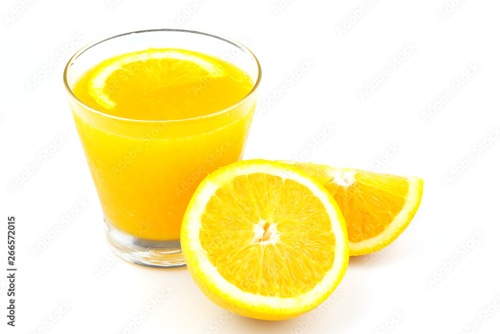 Yellow flesh navel orange fruits and juice in glass isolated on white background Yellow flesh navel orange fruits and juice in glass isolated on white background