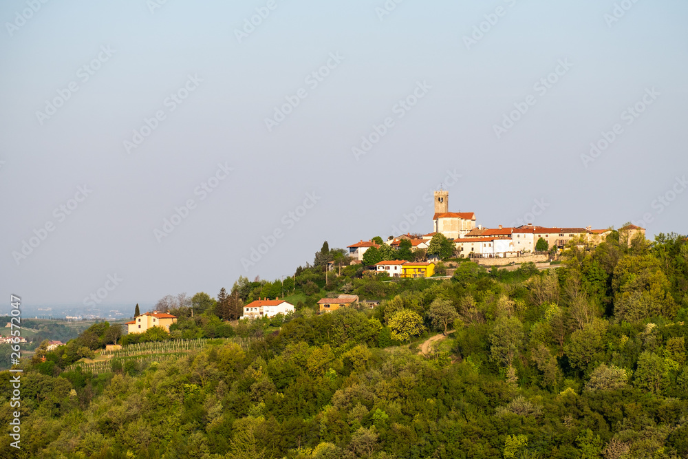 Village Šmartno on morning in wine region Brda in Slovenia