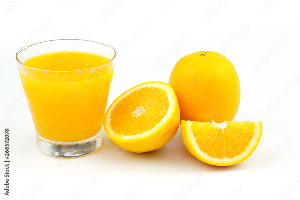 Yellow flesh navel orange fruits and juice in glass isolated on white background Yellow flesh navel orange fruits and juice in glass isolated on white background