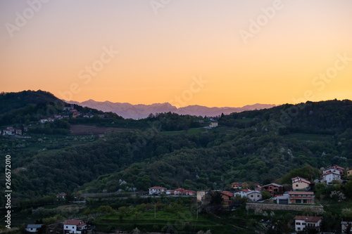 Sunrise over Brda vineyard hills and mountain Triglav in Slovenia © photoflorenzo