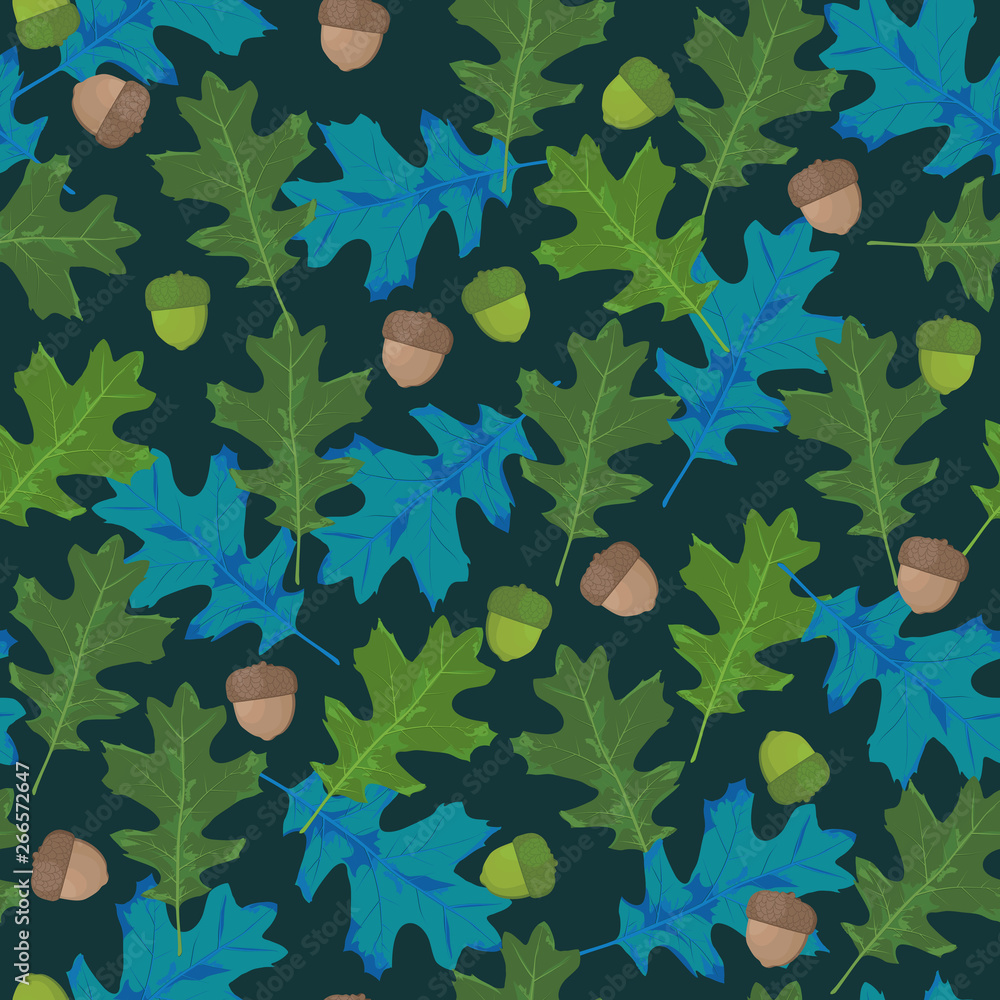 Seamless vector pattern with autumn leaves in seasonal colors. Oak leaf and acorn on blue-green background - Vector Seamless vector pattern with autumn leaves in seasonal colors. Oak leaf and acorn on blue-green background - Vector
