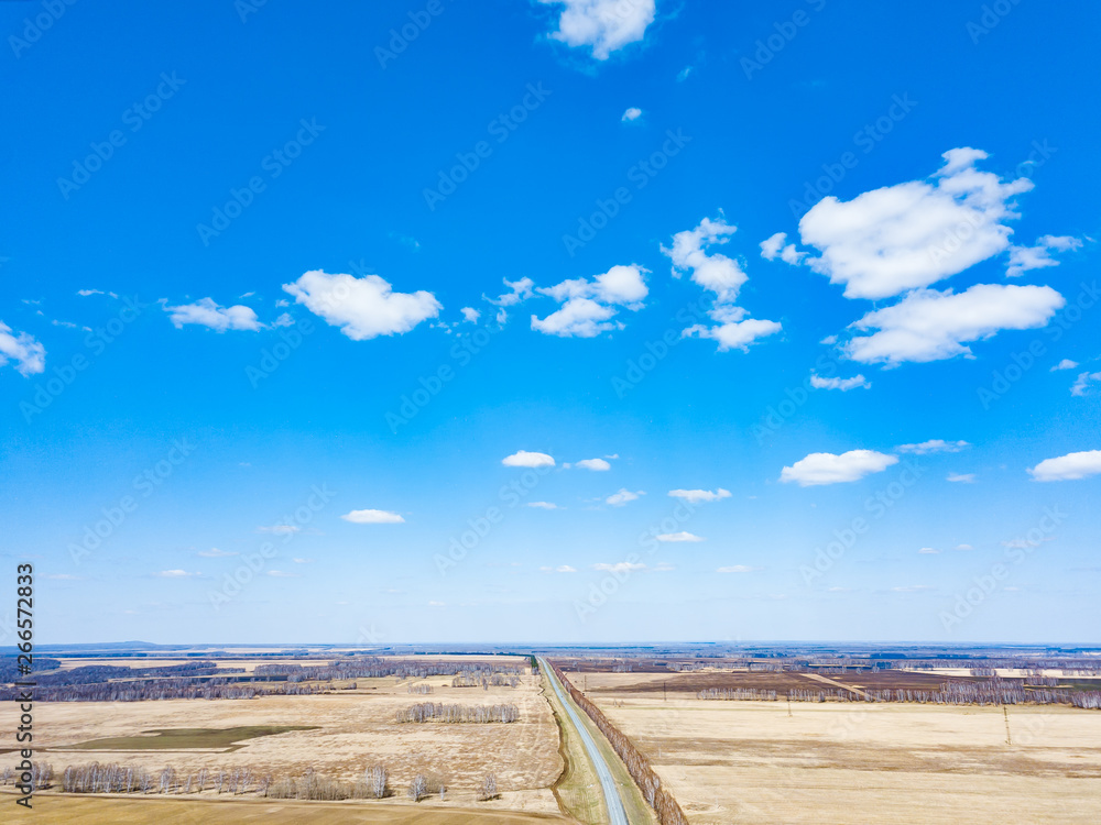 Aerial view of the asphalt road in a field with yellow grass during planting seeds and crops far from big cities on a clear spring day under a blue sky with trees to protect from the wind.