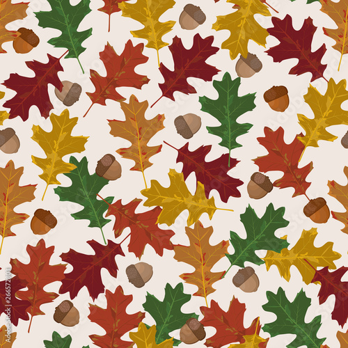 Seamless vector pattern with autumn leaves in seasonal colors. Oak leaf and acorn on white background - Vector