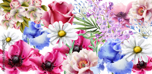 Spring flowers bouquet card Vector watercolor. Spring season background. Vint...
