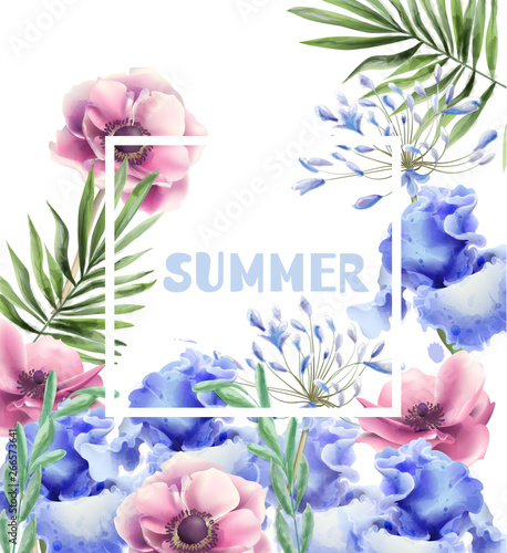 Spring flowers frame card Vector watercolor. Wedding invitation. Summer fest ...